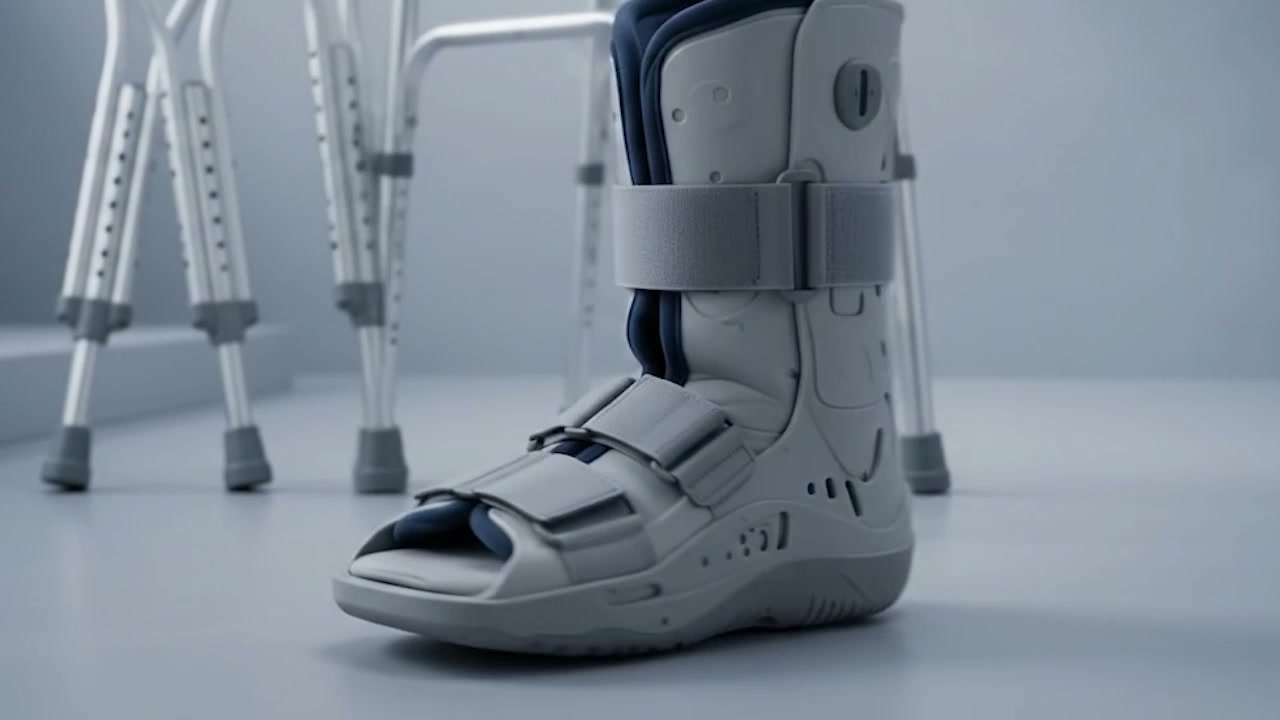 Grey CAM walker boot with navy interior lining and adjustable straps